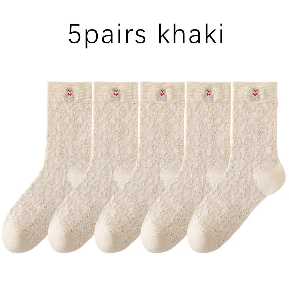 Kawaii Japanese Embroidered Cotton Mid Calf Socks 5 Pairs