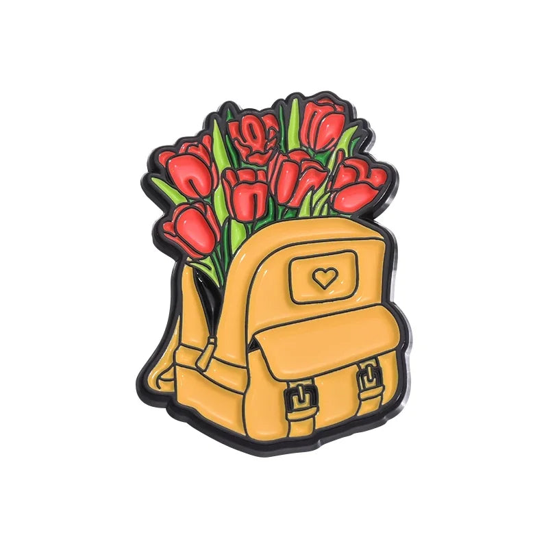 Whimsical Break Enamel Pin Set with Floral Bicycle and Watering Can Designs for Backpacks and Parties