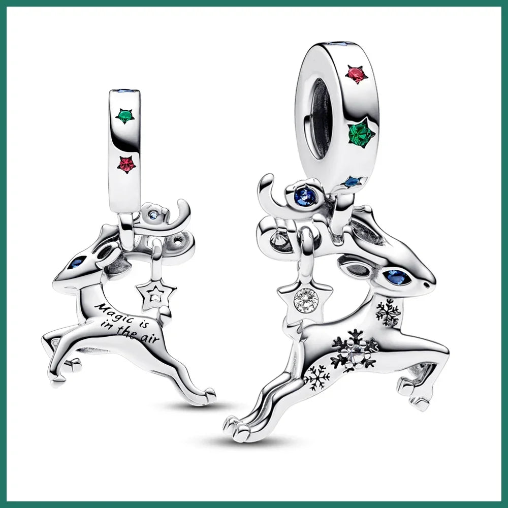 925 Sterling Silver Christmas Charms Set Santa Claus Reindeer Snowflake Beads for DIY Jewelry Gifts