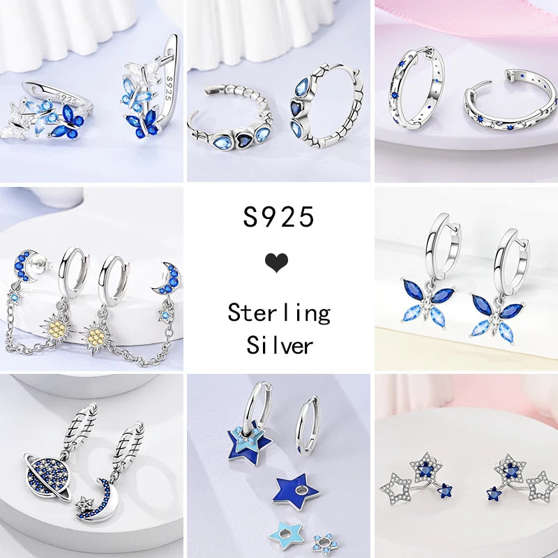 Blue Zircon 925 Sterling Silver Hoop Earrings Star Moon Butterfly Jewelry
