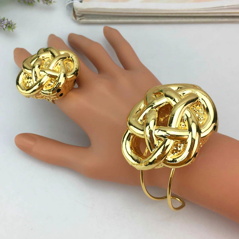 Elegant Gold-Plated Brazilian Jewelry Set for Women with Earrings, Ring, and Bracelet