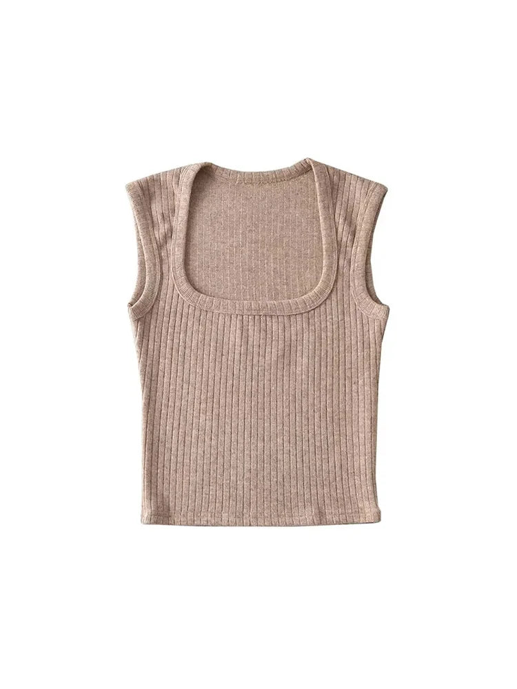 Dozw Elastic Knit Crop Top For Women Solid Summer Sleeveless