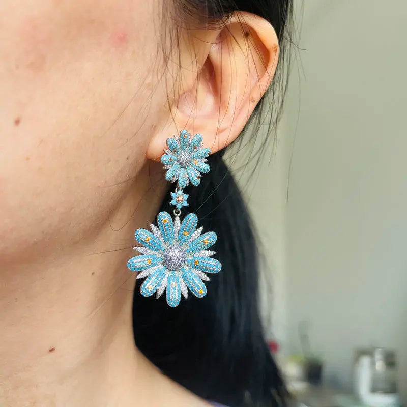 Bilincolor Luxury Blue Flower Drop Earrings for Women - Elegant Wedding Jewelry Gift
