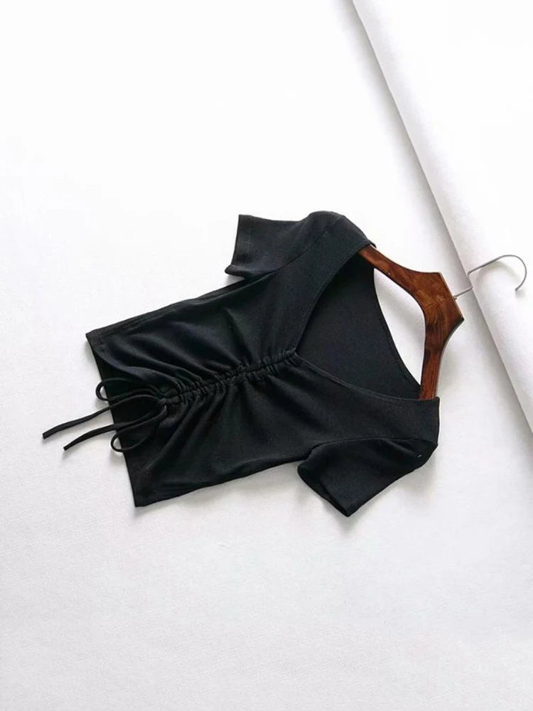 Women Candy Colors V Neck Cropped Tank Top Drawstring Tie