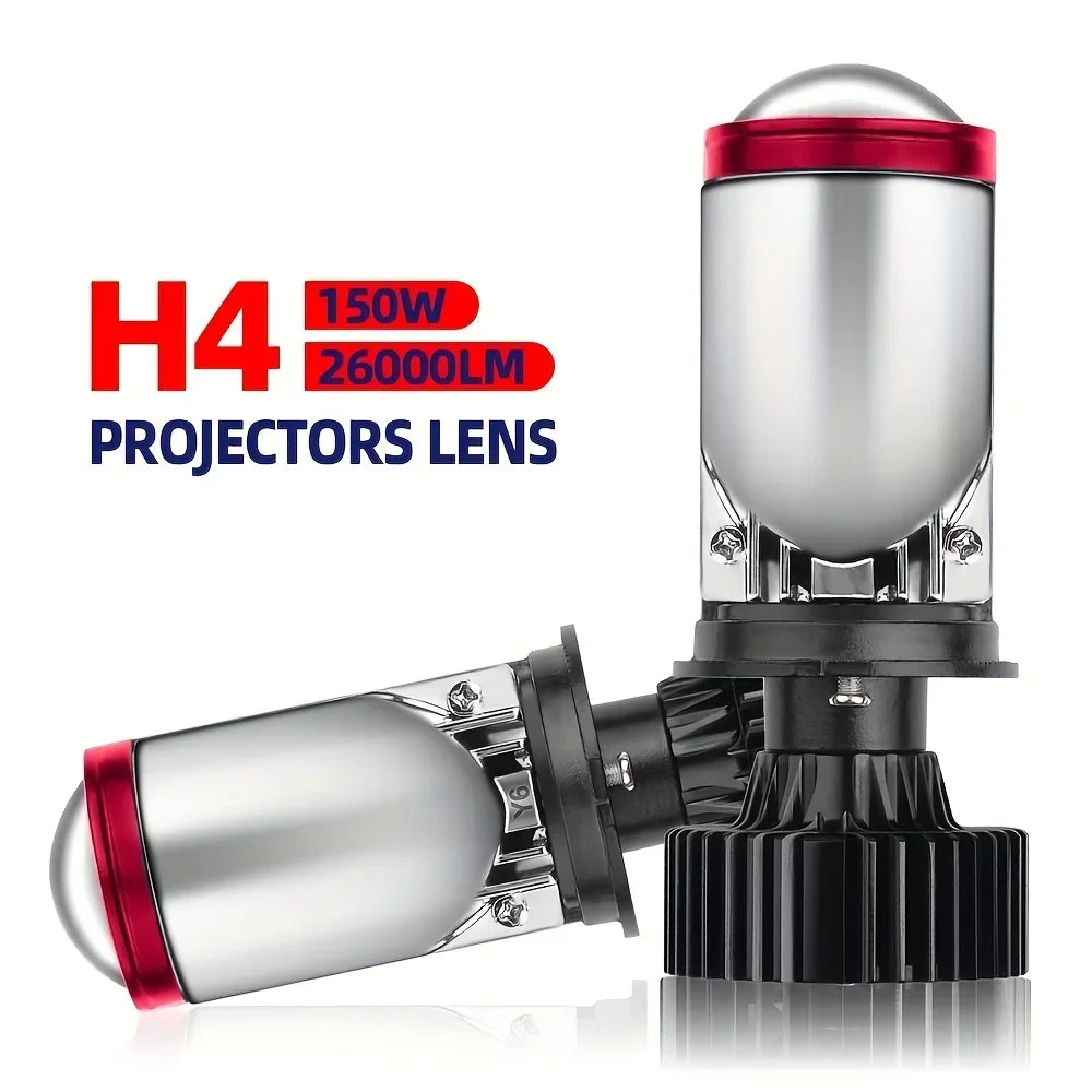 Ultra-Bright H4 LED Headlight Bulbs 150W 26000LM with Mini Projector Lens and Z-Shaped Cutoff for Moto Vehicles