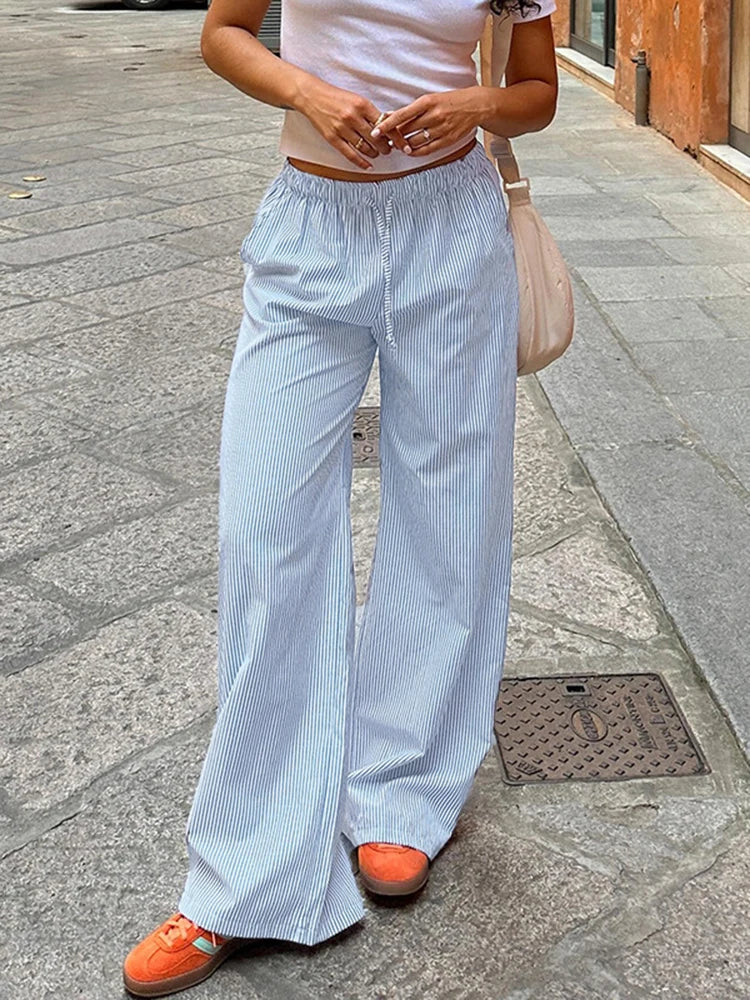 Streetwear Striped Loose Trousers Lace Up Joggers Y2K