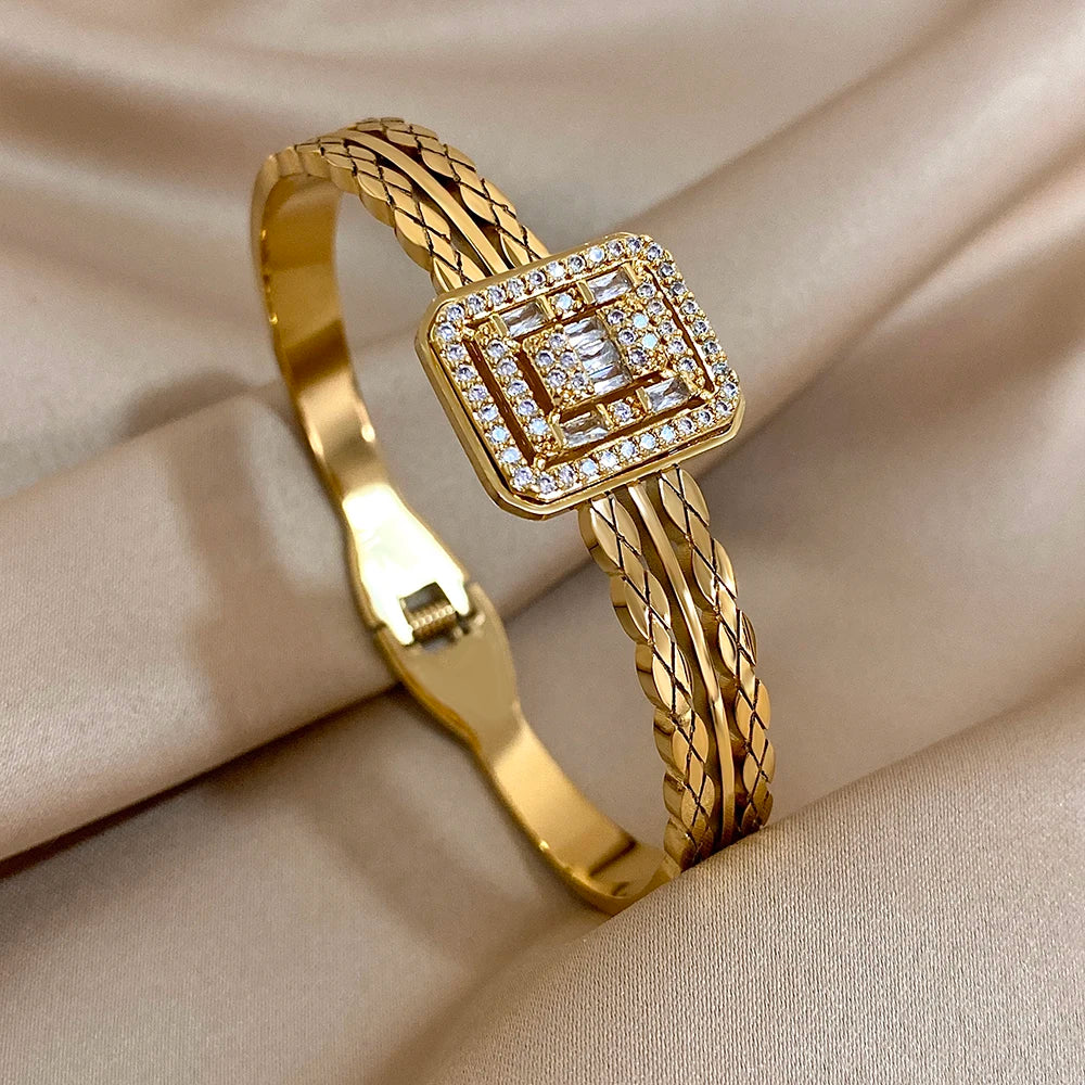 Square Stainless Steel Bangle Bracelet with Rhinestones for Women Cuff Fashion Waterproof Jewelry Gifts