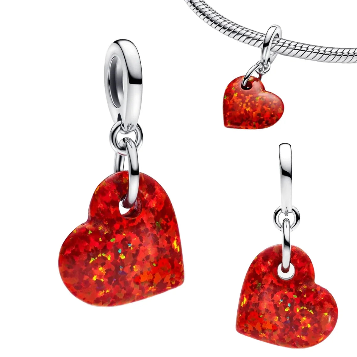 Original 925 Sterling Silver Red Charm Beads Set Heart Cherry Strawberry Flower Fish Zircon Accents for DIY Necklace and Bracelet Jewelry Gift