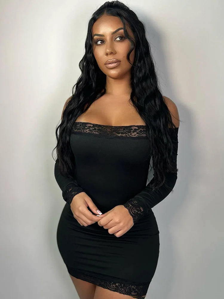 Womens Off Shoulder Lace Bodycon Mini Dress Long Sleeves
