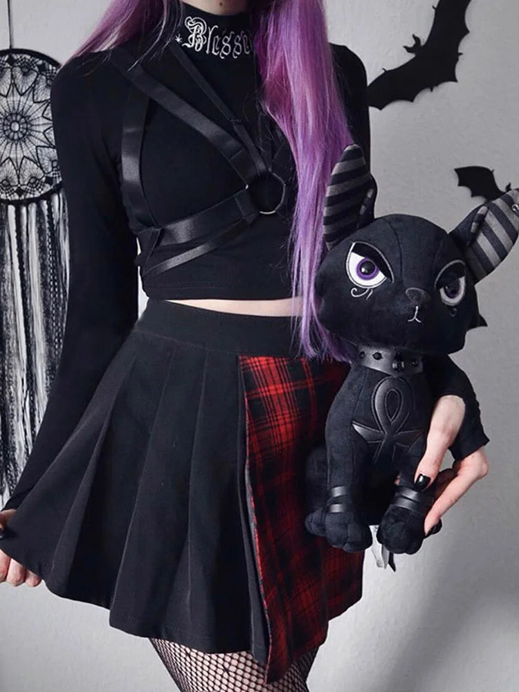 Blessed Gothic Harajuku Embroidered Black Bodycon Crop Top