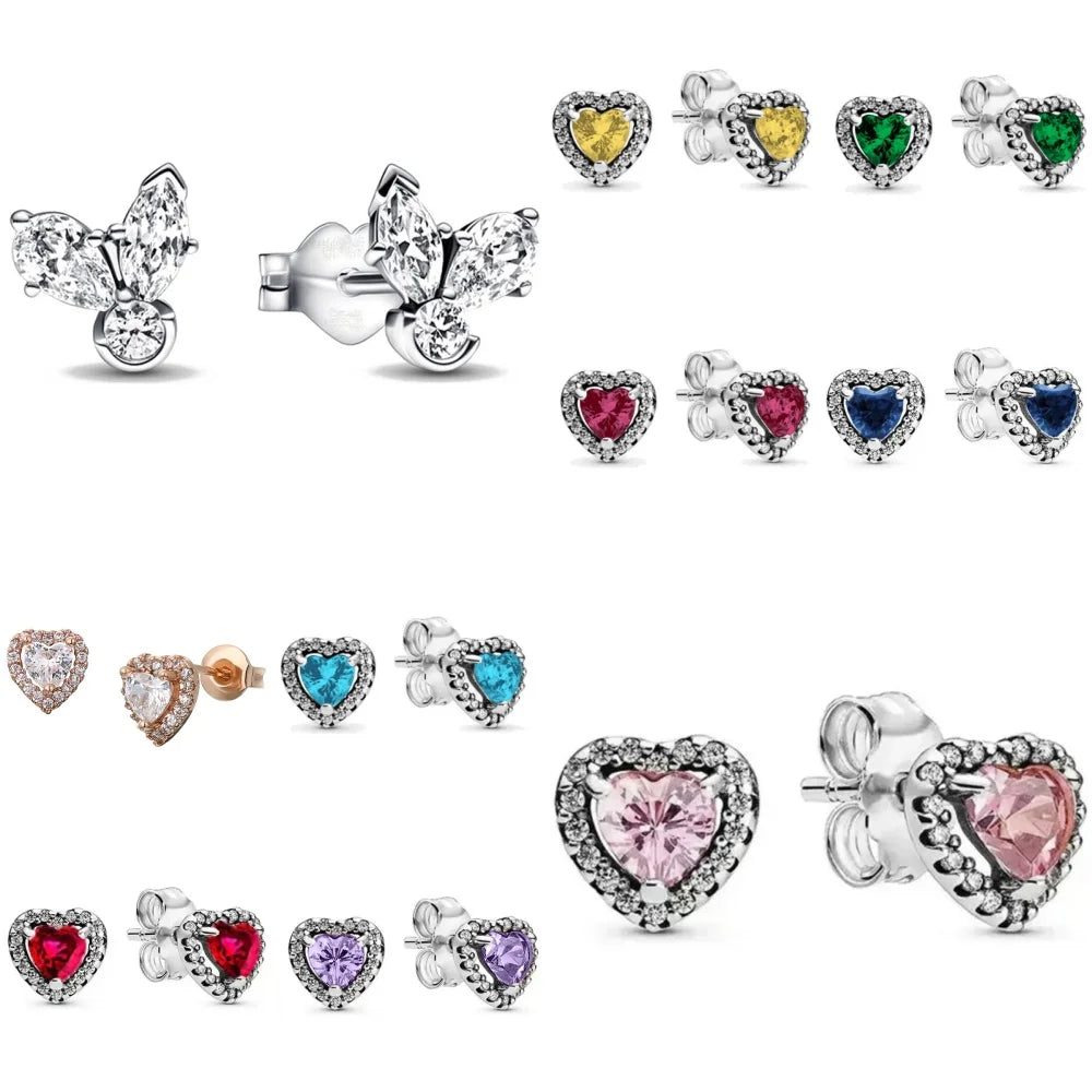 New 925 Silver Heart-Shaped Earrings with Purple Pink and Green Zircon for Exquisite Jewelry Gifts for Women