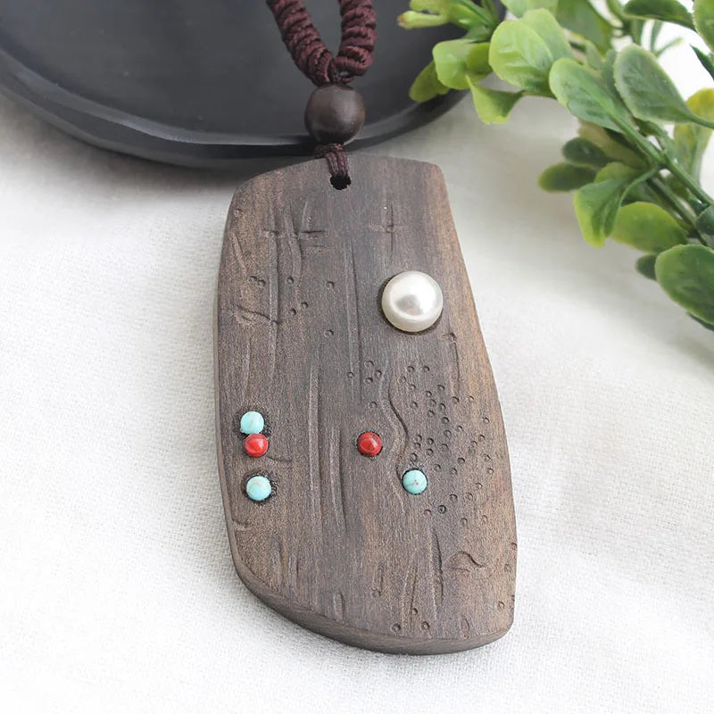Vintage Long Sweater Chain Necklace for Women with Handmade Sandalwood Pendants in Ethnic Style
