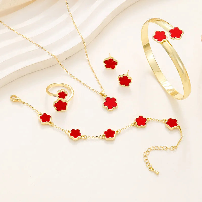 Elegant 5 Leaf Flower Jewelry Set for Women - Necklace, Earrings, Ring, Bracelet - Perfect Christmas and New Year Gift