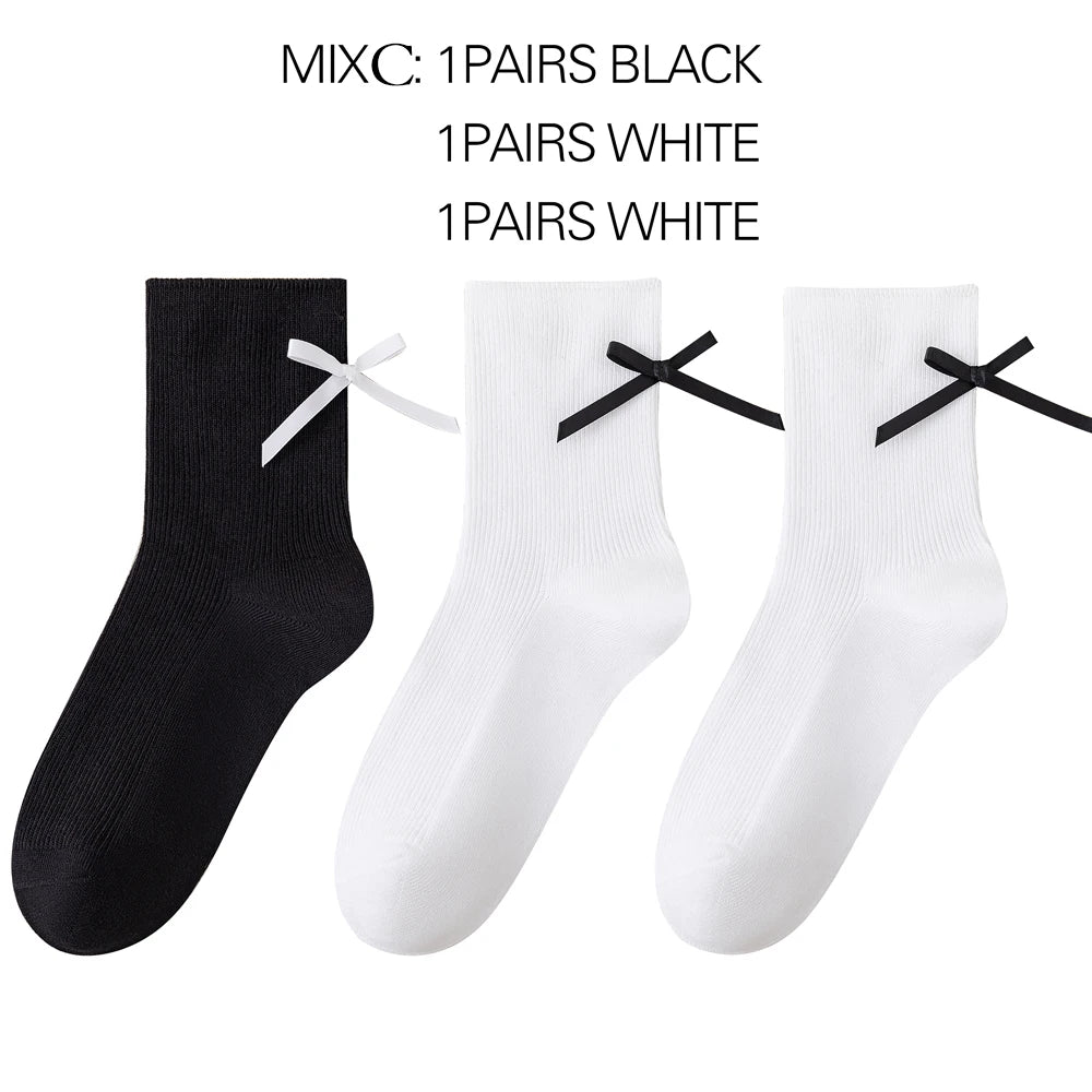 3 Pairs Black White Ballet Bow Crew Breathable Socks