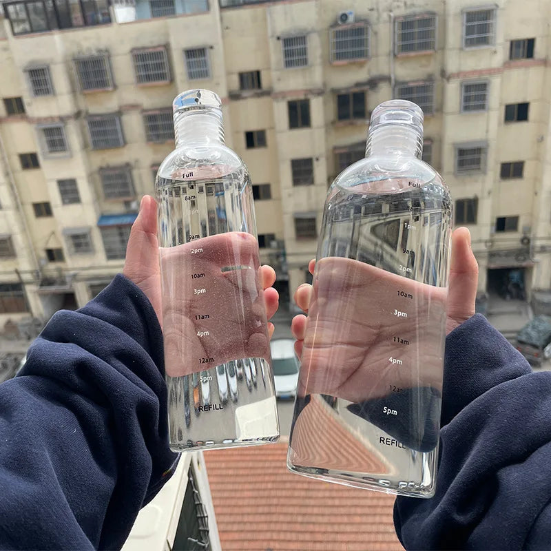 Large Portable Glass Water Bottle With Time Marker