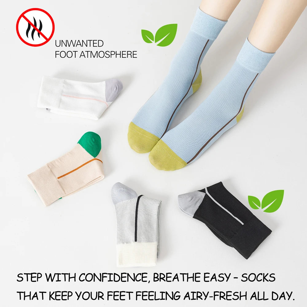 5 Pairs Womens Cotton Mid Calf Seamless Ventilated Socks