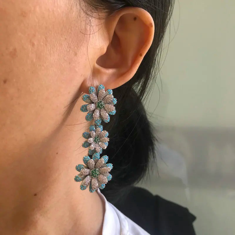 Bilincolor Luxury Blue Flower Drop Earrings for Women - Elegant Wedding Jewelry Gift