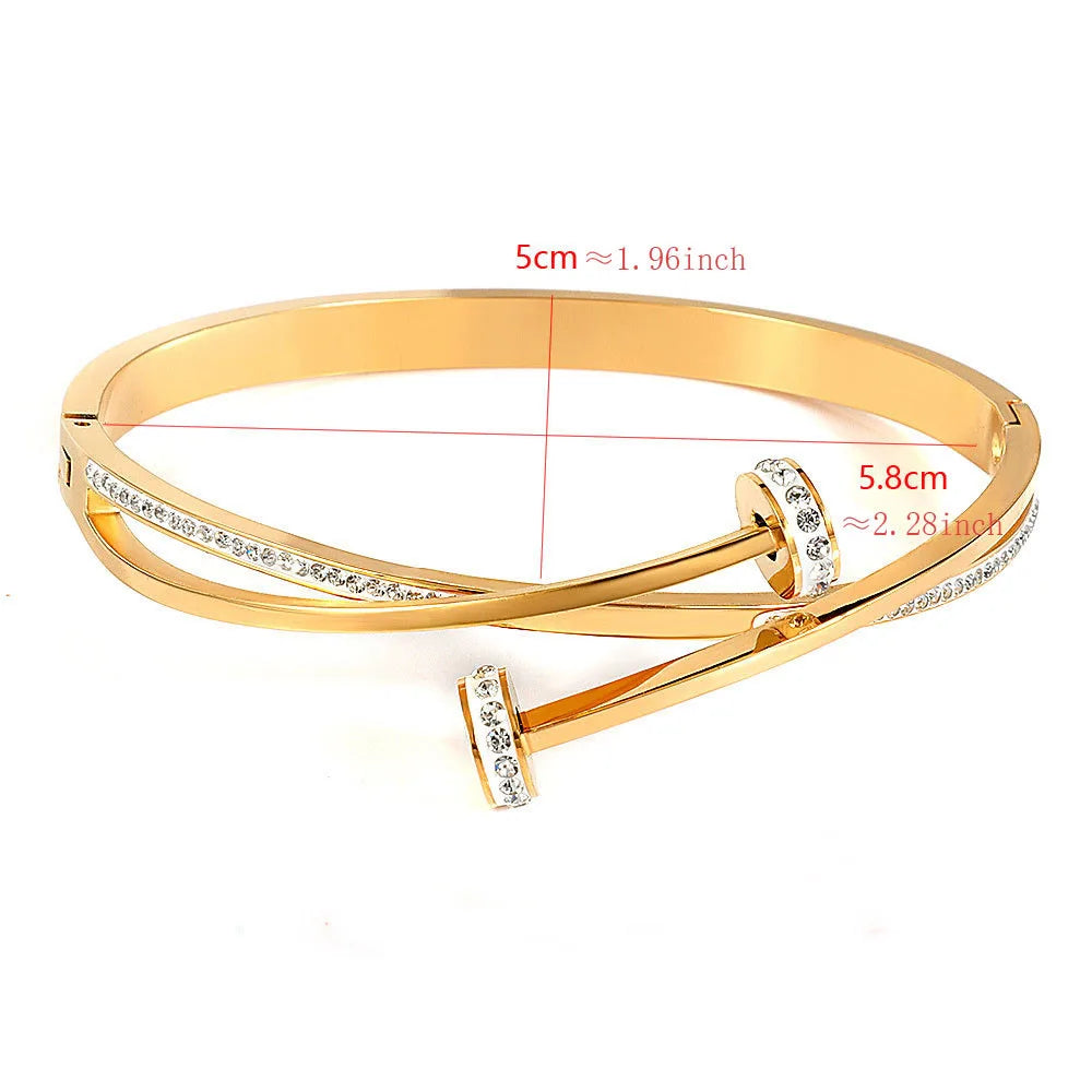 Gold Crystal Nail Head Cross Stainless Steel Women's Cuff Bracelet
