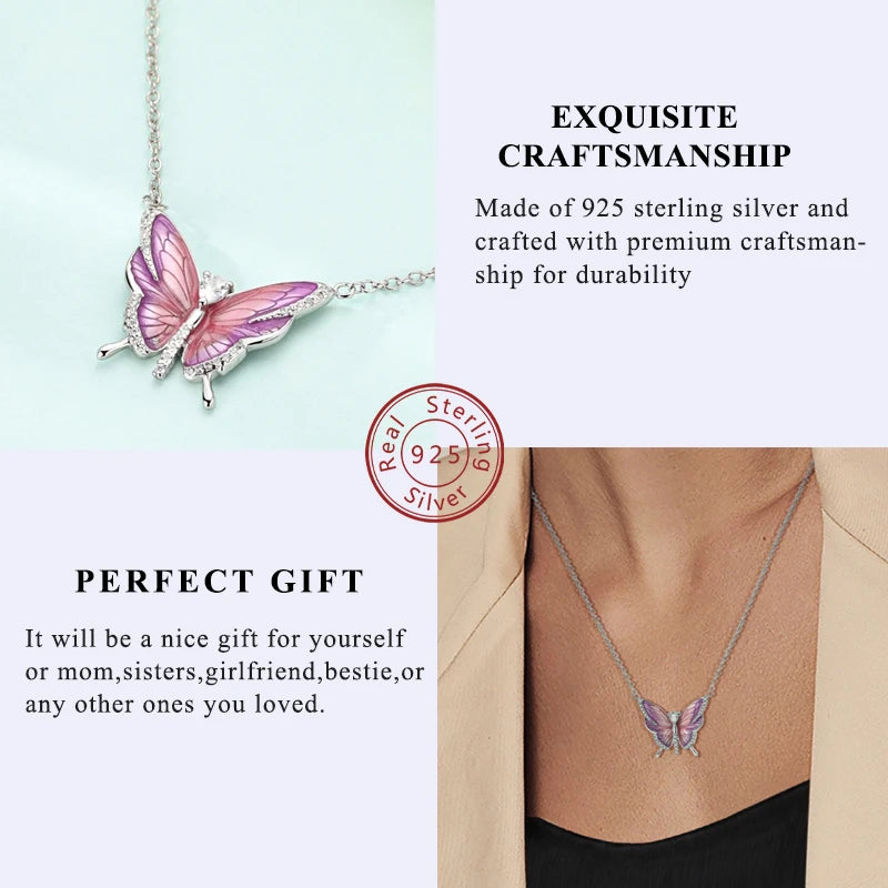 Elegant 925 Sterling Silver Zircon Butterfly Heart Pendant Necklace for Women Anniversary Gift