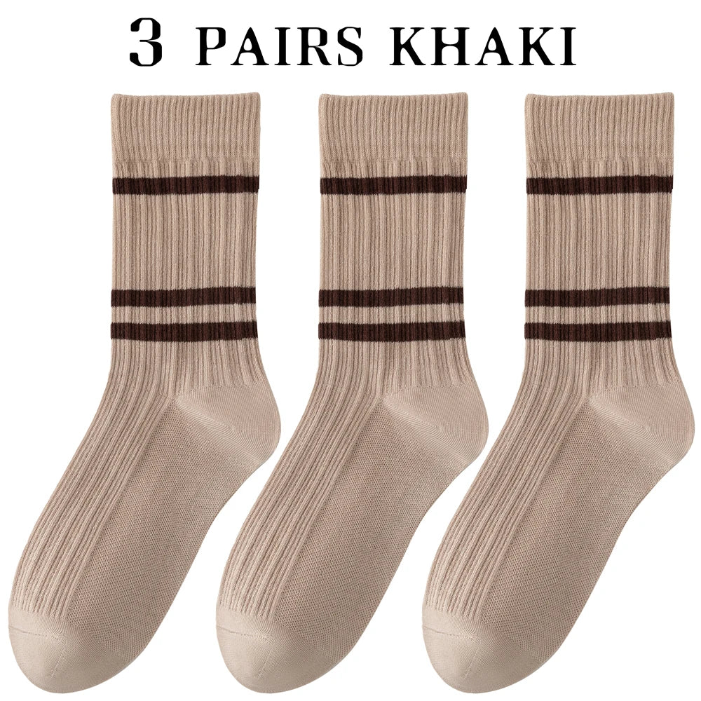 3 Pairs Retro Athletic Mid Calf Double Knit Socks Women