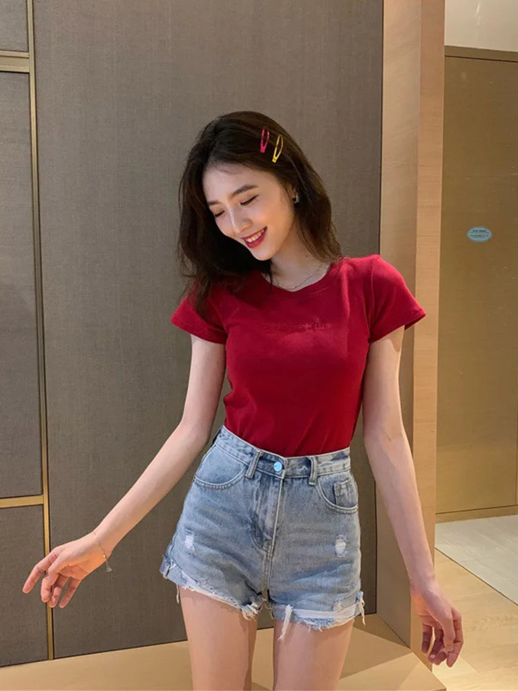 Dozw Cotton Embroidered Womens Slim Short Sleeve T Shirt