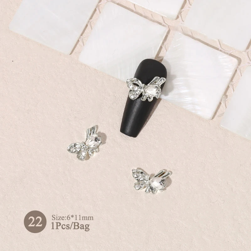 Elegant Gold Silver Metal Bowknot Nail Charm 3D Rhinestone Decor for DIY Manicure Art