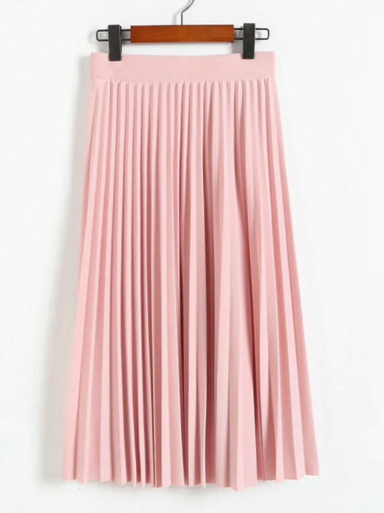 High Waist Pleated Skirt For Women Solid Color Elastic