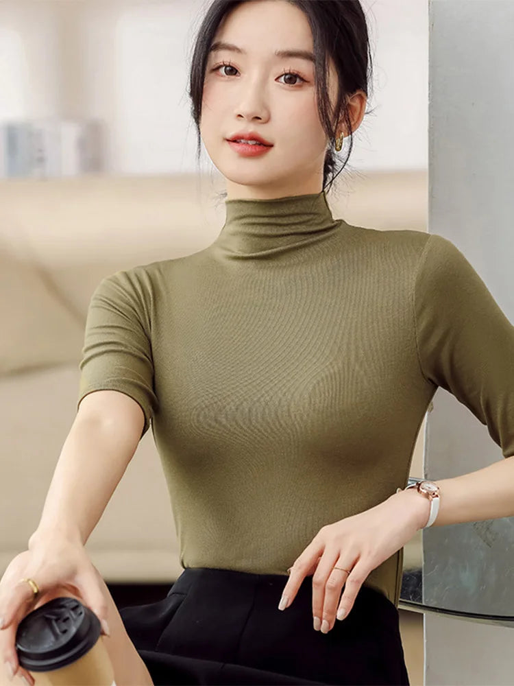 Half Turtleneck Milk Silk Slim Short Sleeve Top Basic
