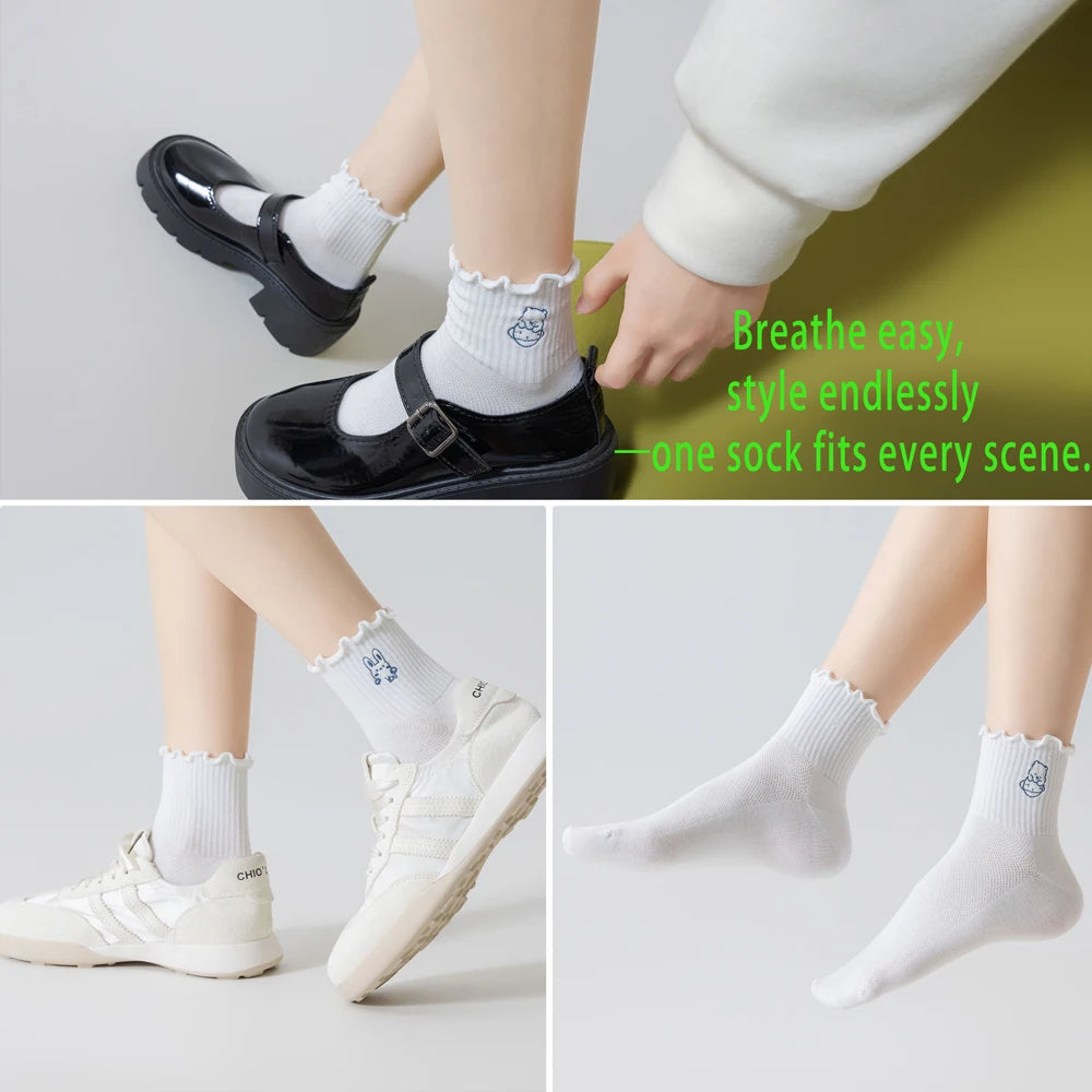 6 Pairs White Cotton Womens Mid Crew Cartoon Ruffle Socks