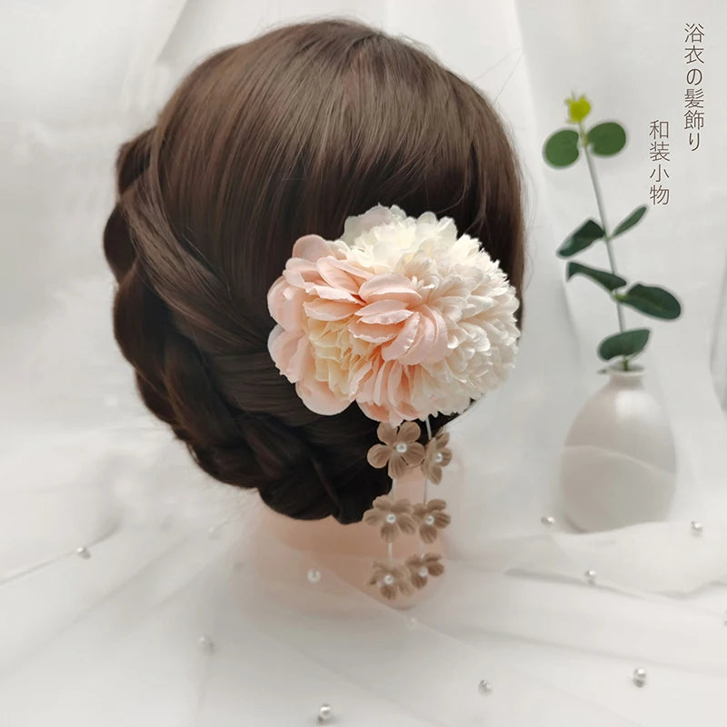 Japanese Handmade Fabric Flower Kimono Hairpin with Tassel for Weddings and Festivals