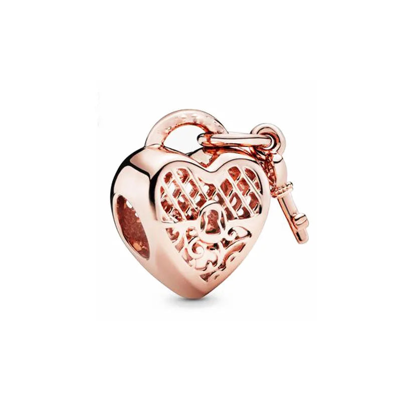Rose Gold Padlock Heart Key Pendant Necklace for Women 925 Silver with Zircon Beads P259-R