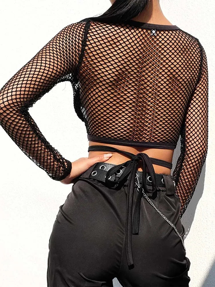 Dozw Mesh Goth Long Sleeve Women Top See Through Fishnet