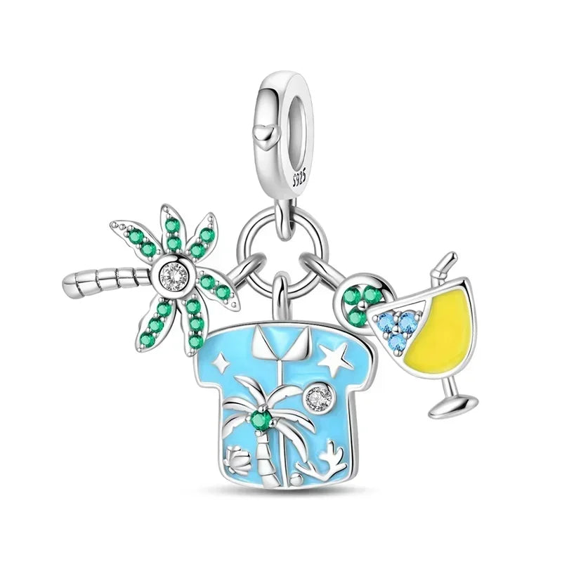 Green Series Sterling Silver Lucky Four Leaf Clover Charms with Zircon Beach Beads for Bracelets and Necklaces