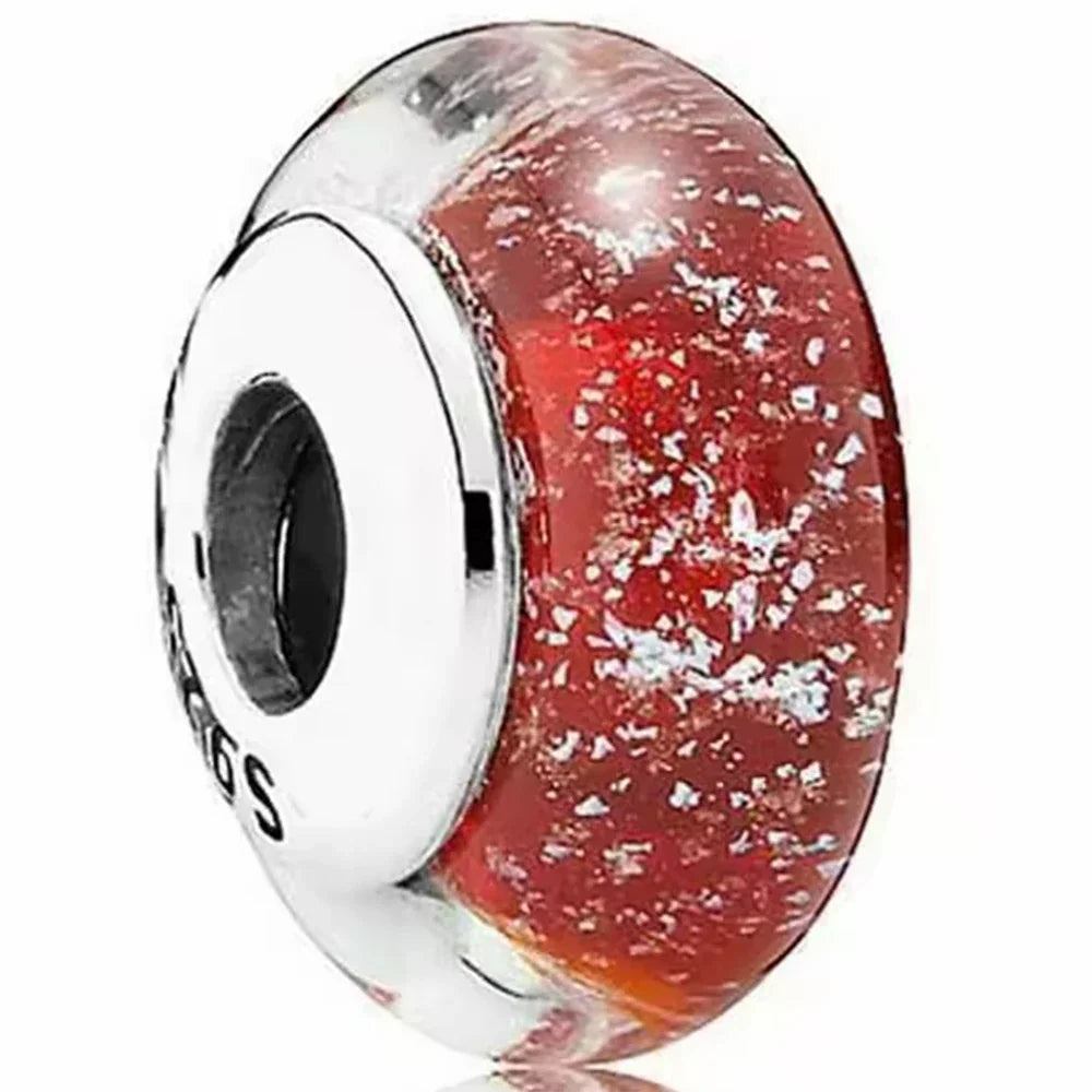 925 Sterling Silver Cosmic Rainbow Murano Glass Beads with Flower and Leaf Charms for DIY Women Jewelry