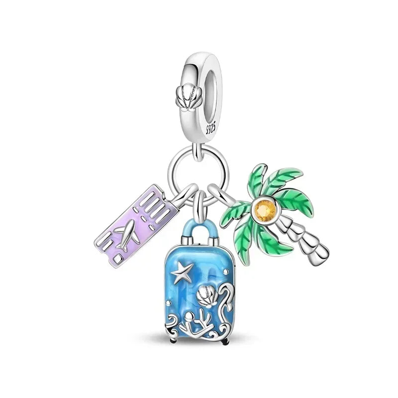 Green Series Sterling Silver Lucky Four Leaf Clover Charms with Zircon Beach Beads for Bracelets and Necklaces