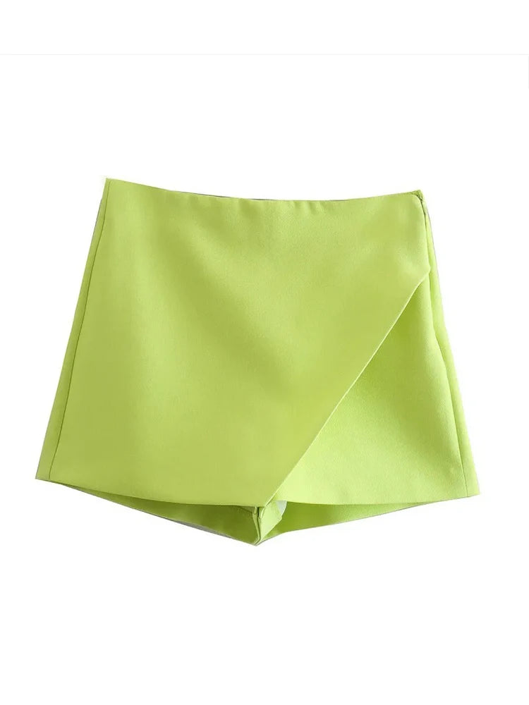 Candy Color Asymmetrical Shorts For Women Zipper Fly Pockets
