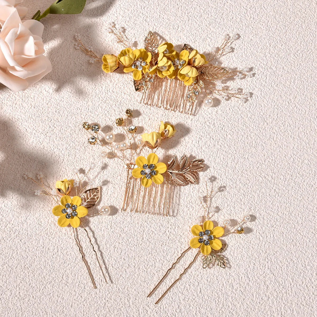 Elegant Bridal Pearl Hair Accessories Set – Floral Tiara, Barrette, and Combs for Wedding Elegance