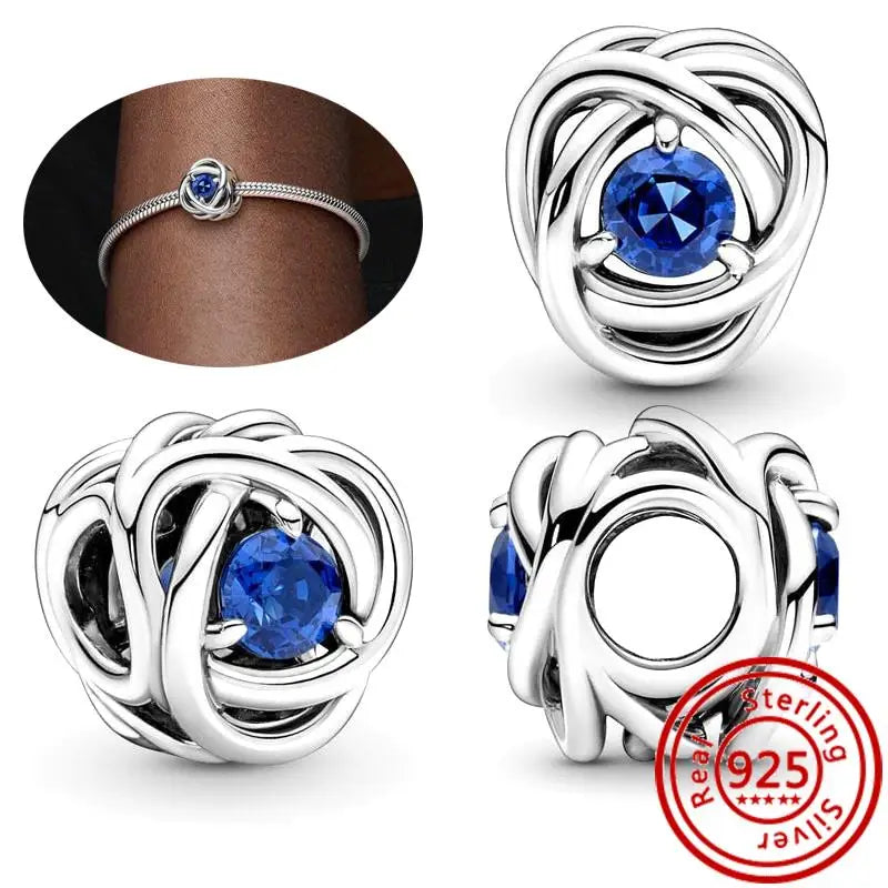 Sterling Silver Blue Zircon Feather Crown Moon Pendant Charm Bracelet Beads N318 3mm-4mm