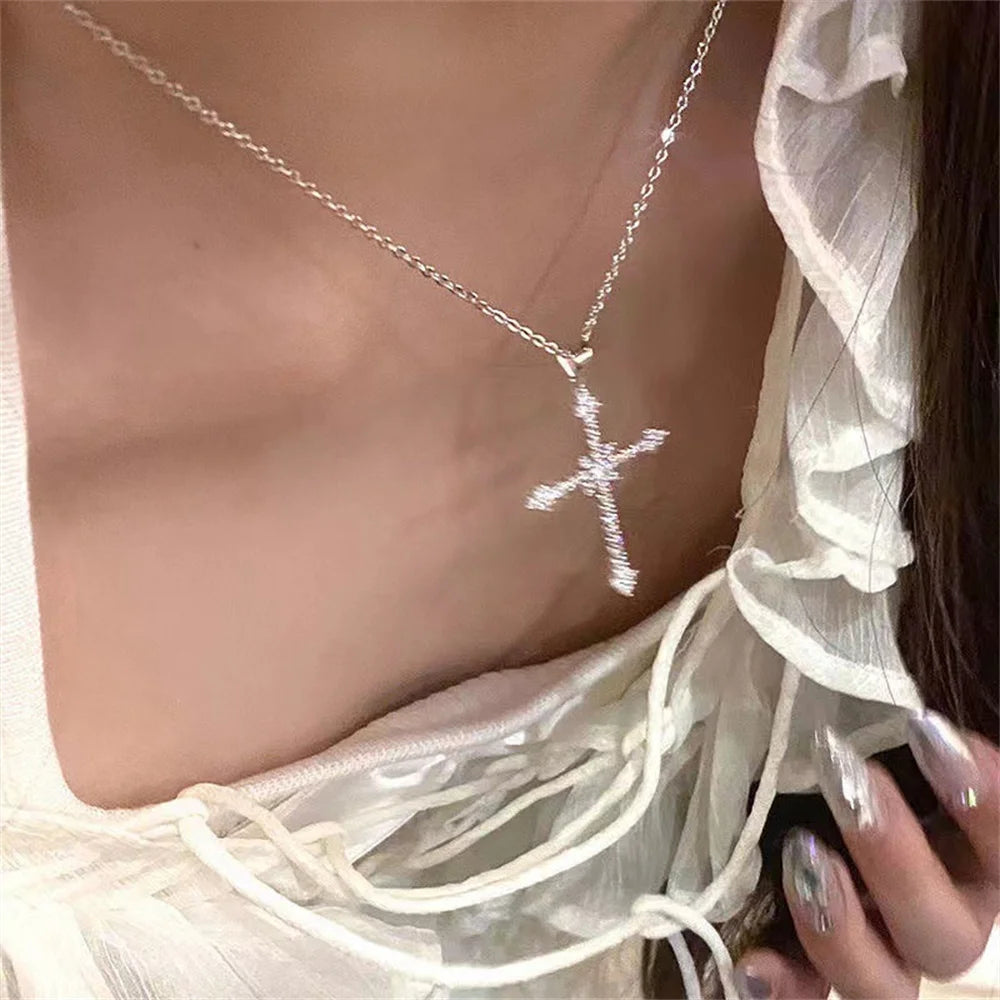 Elegant Crystal Cross Pendant Necklace Silver Star Jewelry for Women NJ-1034