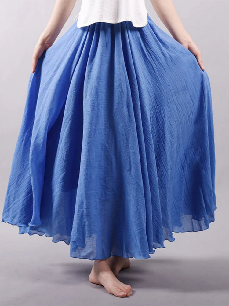 Elegant High Waist Linen Maxi Skirt Two Layer Summer Casual