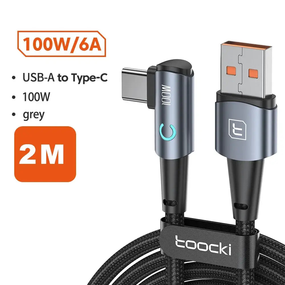 Toocki 6A USB C Cable 90 Degree For OPPO Fast Charging A- C Grey 2m