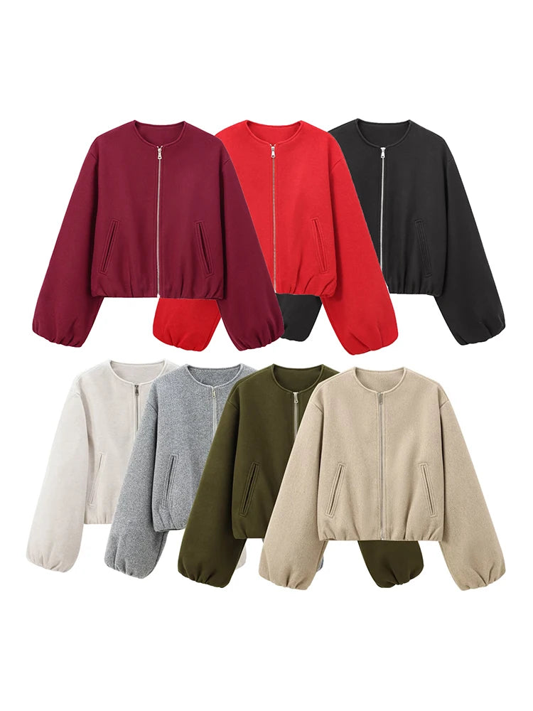 Soft Bomber Jacket For Women Front Zipper Long Sleeve Coat