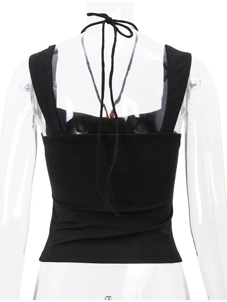 Vintage Black Square-neck Halter Tank Top Sexy Slim Pleated Backless Summer Crop Tops 2024 Women Sleeveless Bodycon Vest