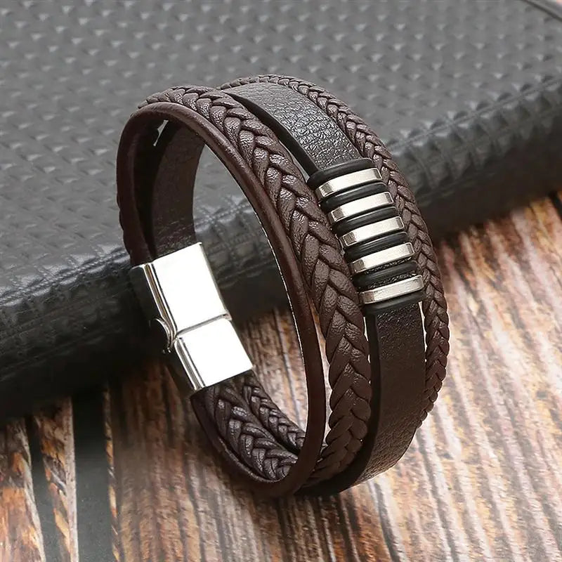 Men's Leather Bracelet with Stainless Steel Tree of Life Charm - Stylish Multi-Layer Fashion Accessory