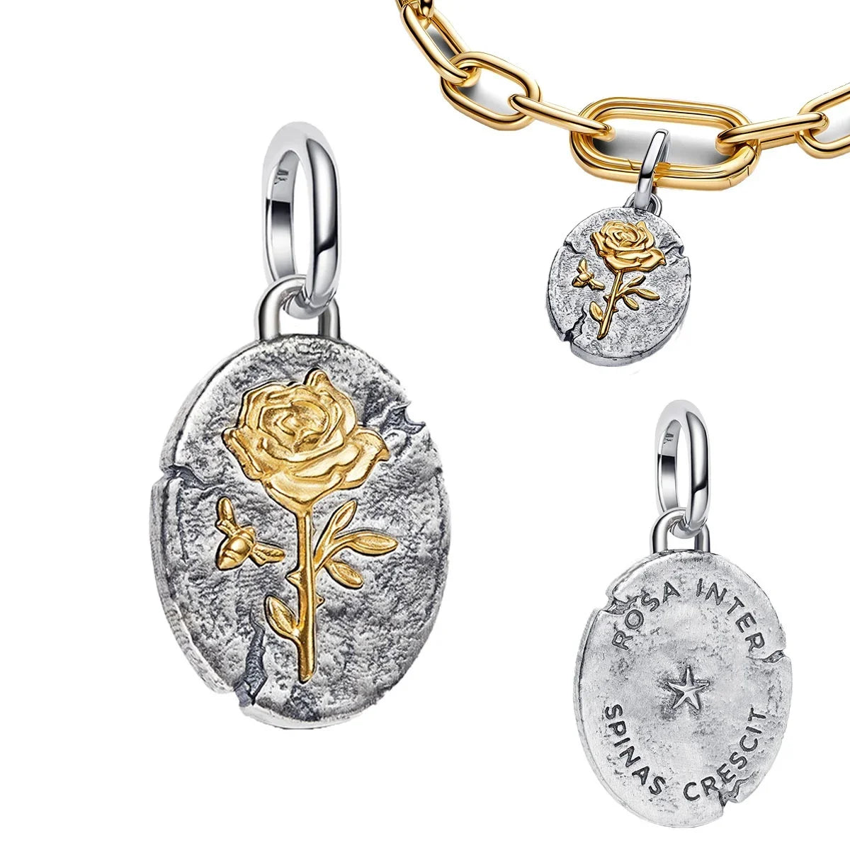 925 Sterling Silver Golden Geometry Charm Set with Heart Star Zircon Beads for DIY Womens Jewelry Gift