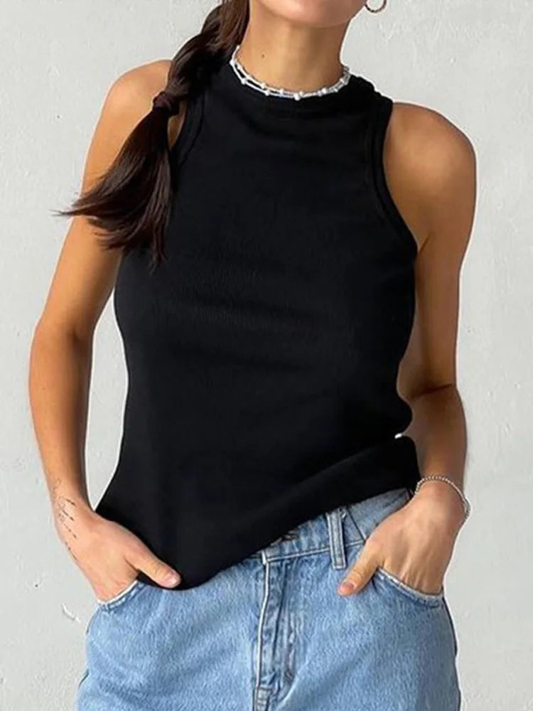 Ribbed Knitted Tank Top For Women Off Shoulder White Black