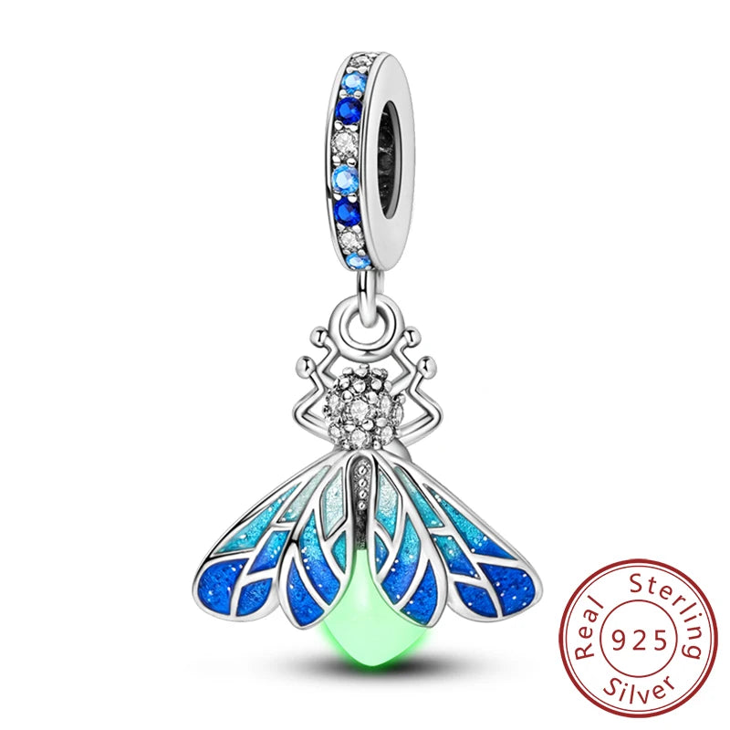 Glowing Firefly Butterfly Charm Bead 925 Sterling Silver Pendant for Bracelets KTC1271