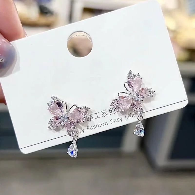 Inlaid Zircon Blue Pink Crystal Butterfly Drop Earrings for Women Stylish Water Drop Wedding Jewelry Ideal Birthday Gift