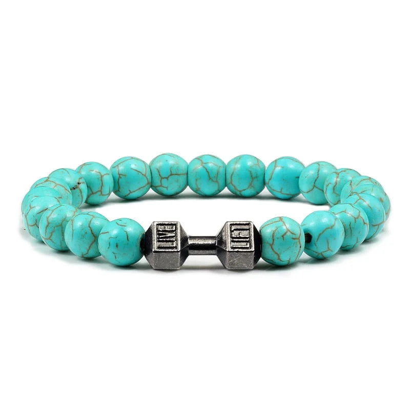 Vintage Men's Natural Stone Bead Bracelet With Dumbbell Pendant turquoise black