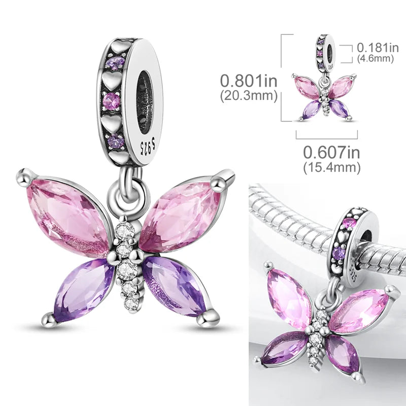 Pink Butterfly Luminous Firefly Dangle Charms 925 Sterling Silver Beads for DIY Jewelry KTC448